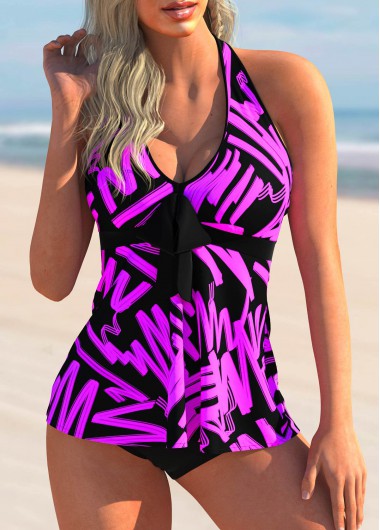 Rosewe Bowknot Detail Printed Halter Tankini Set - M