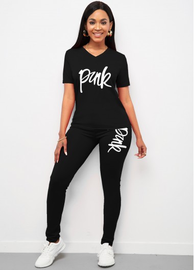 Rosewe Black Letter Print V Neck Short Sleeve Sweatsuit Set - M