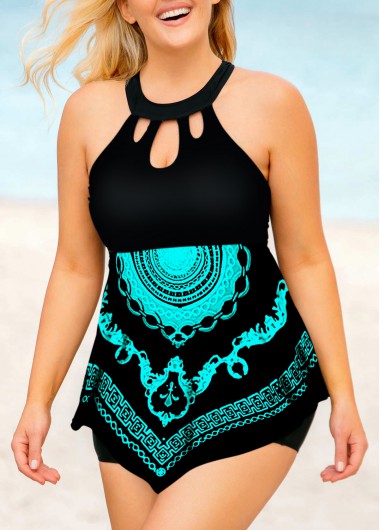 Rosewe Tribal Print Bib Neck Plus Size Swimdress and Shorts - 3X