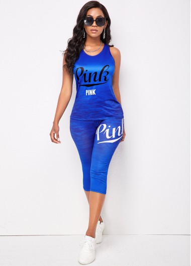 Rosewe Wide Strap Letter Print Blue Activewear Set - S