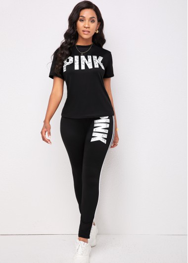 Rosewe Letter Print Black Short Sleeve Sweatsuit Set - L