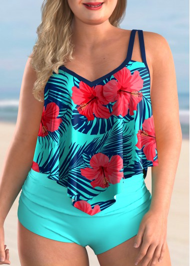 Rosewe Floral Print Asymmetric Hem Plus Size Tankini Set - 3X