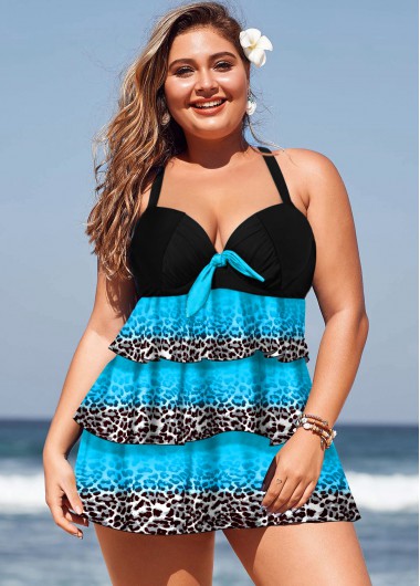 Rosewe Leopard Print Layered Hem Plus Size Swimdress Top - 2X