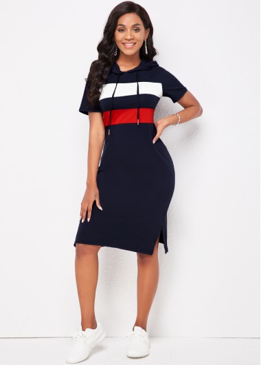 Rosewe Cocktail Party Dress Short Sleeve Hooded Collar Striped Dress - 3XL