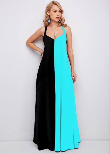 Rosewe Cocktail Party Dress Spaghetti Strap Color Block Maxi Dress - M