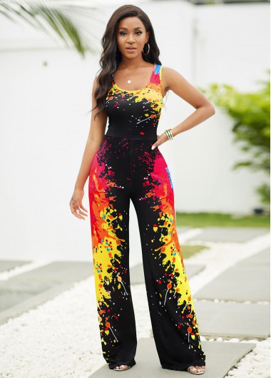 Rosewe Straight Splash Ink Print Wide Strap Jumpsuit - M