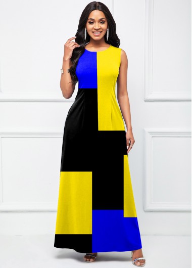 Rosewe Cocktail Party Dress Round Neck Geometric Print Sleeveless Dress - XXL