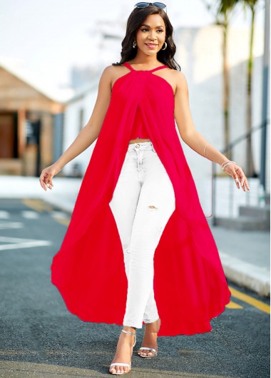 Rosewe Women Red Chiffon Asymmetric Hem Flowy Blouse Solid Color Cross Strap Halter Neck Longline Vacation Top - XL
