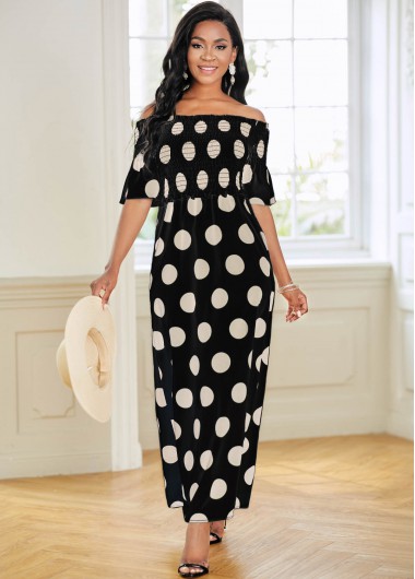 Rosewe Black Dresses Off Shoulder Shirred Polka Dot Dress - M