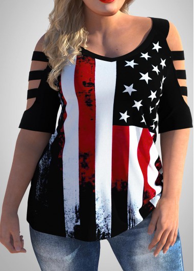 Rosewe Cold Shoulder Plus Size American Flag Print T Shirt - 3X
