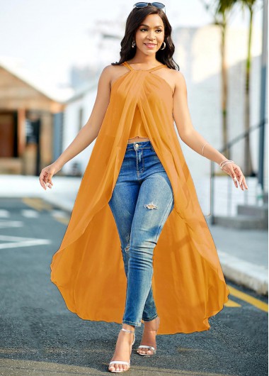 Rosewe Women Apricot Color Spaghetti Strap Flowy Longline Blouse Ginger Solid Color Halter Neck Sleeveless Asymmetric Hem Casual Top - L