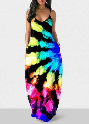Rosewe Cocktail Party Dress Multicolor Tie Dye Print Maxi Dress - L