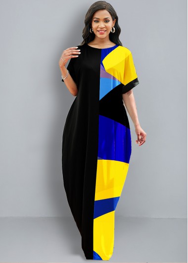 Rosewe Cocktail Party Dress Pocket Geometric Print Half Sleeve Dress - L