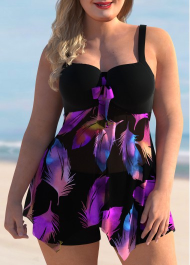 Rosewe Plus Size Colorful Feathers Print Bowknot Swimdress and Shorts - 2X