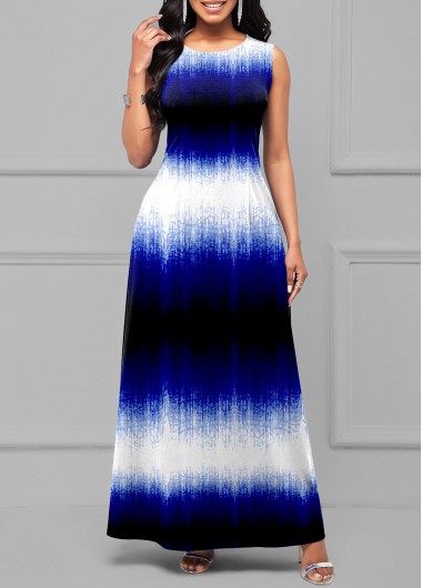 Rosewe Cocktail Party Dress Sleeveless Ombre Round Neck Maxi Dress - M