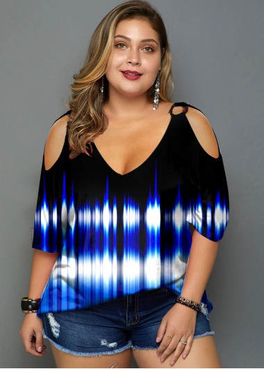 Rosewe Cold Shoulder Plus Size Colorful Print T Shirt - 3X