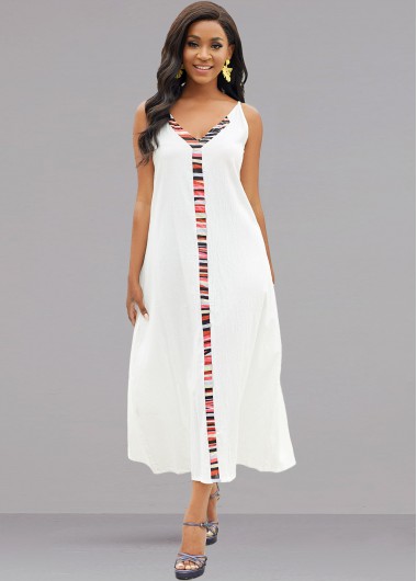 Rosewe White Dresses Sleeveless V Neck Rainbow Stripe Dress - 3XL