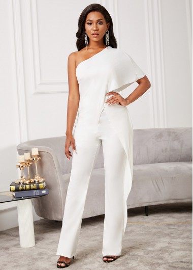 Rosewe Solid One Shoulder Skew Neck Jumpsuit - M