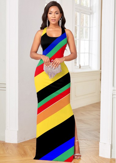 Rosewe Cocktail Party Dress Cutout Back Striped Side Slit Dress - M