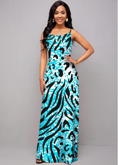 Rosewe Cocktail Party Dress Animal Prints Spaghetti Strap Maxi Dress - M