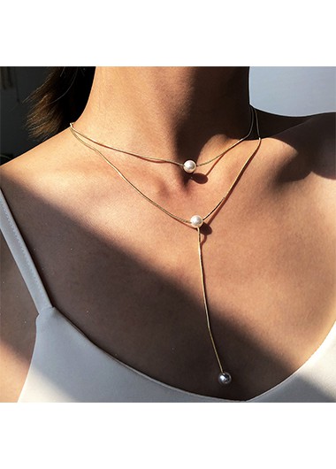 Rosewe Fashion Gold Metal Layered Pearl Detail Necklace - One Size