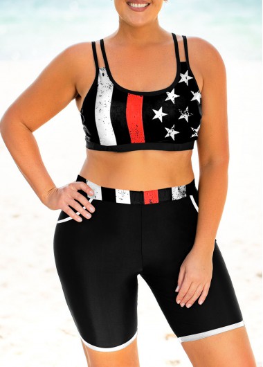 Rosewe Double Straps Plus Size American Flag Print Bikini Set - 2X