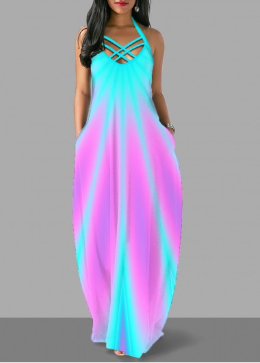 Rosewe Cocktail Party Dress Halter Cross Strap Colorful Maxi Dress - XXL