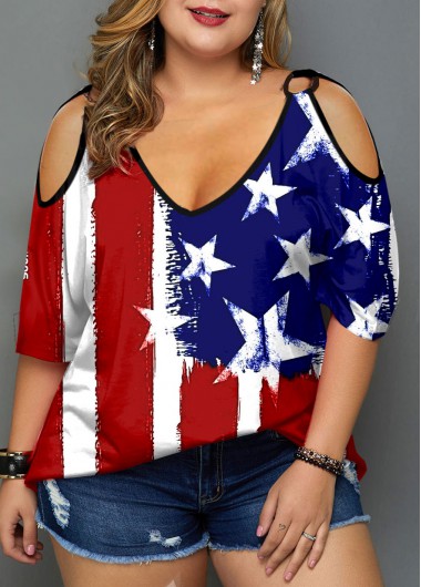 Rosewe American Flag Print Cold Shoulder Plus Size T Shirt - 3X