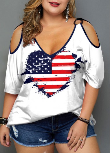 Rosewe American Flag Print Cold Shoulder Plus Size T Shirt - 2X