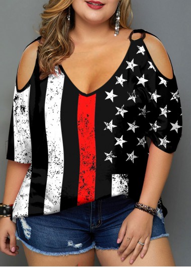 Rosewe Cold Shoulder Plus Size American Flag Print T Shirt - 1X