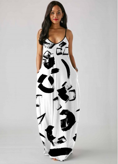 Rosewe Black Dresses Printed Side Pocket Spaghetti Strap Dress - XXL
