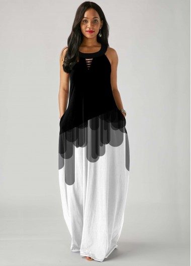 Rosewe Cocktail Party Dress Sleeveless Color Block Ladder Cutout Dress - XS