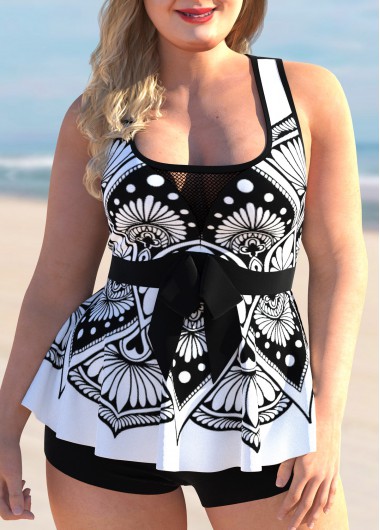 Rosewe Mesh Stitching Tribal Print Plus Size Tankini Set - 1X