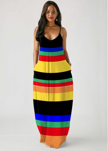 Rosewe Cocktail Party Dress Pocket Rainbow Stripe Spaghetti Strap Maxi Dress - M