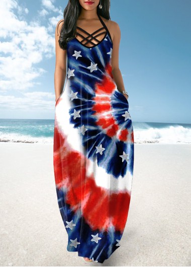 Rosewe Cocktail Party Dress Tie Dye and American Flag Print Cross Strap Maxi Dress - M