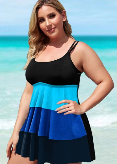 Rosewe Contrast Plus Size Layered Hem Swimdress and Panty - 1X