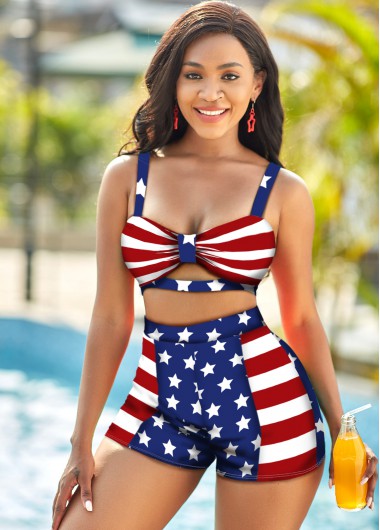 4Th Of July Rosewe Women American Flag Printed High Waisted Patriotic Bikini Set Two Piece Spaghetti Strap Bathing Suit And Shorts Vacation - XXL
