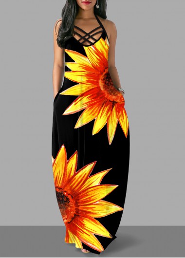 Rosewe Cocktail Party Dress Halter Sunflower Print Cross Strap Dress - M
