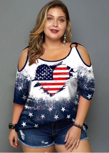 Rosewe Plus Size American Flag and Heart Print T Shirt - 2X