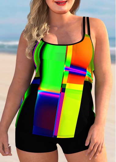Rosewe Spaghetti Strap Geometric Print Plus Size Tankini Set - 1X