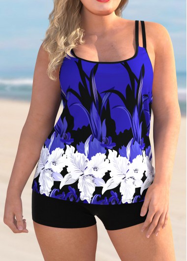 Rosewe Spaghetti Strap Plus Size Floral Print Tankini Set - 1X