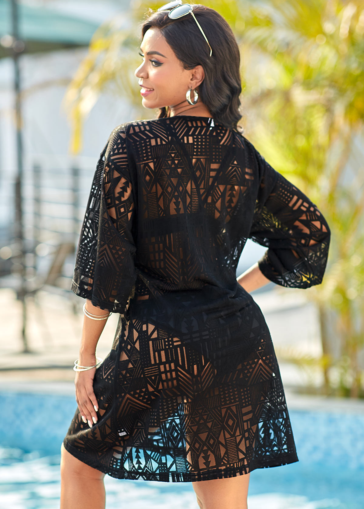 Three Quarter Sleeve Tie Front Black Lace Cover Up