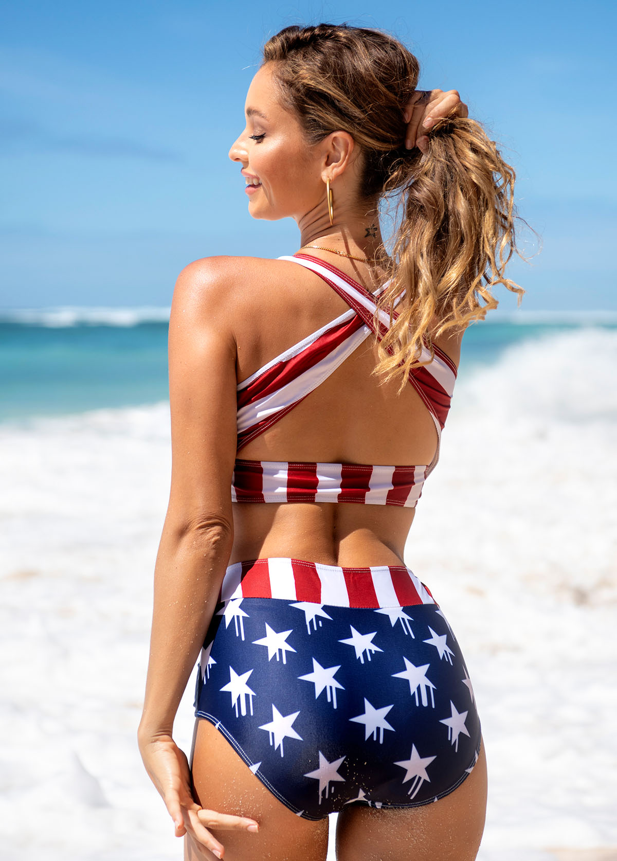 Bowknot American Flag Print High Waisted Bikini Set