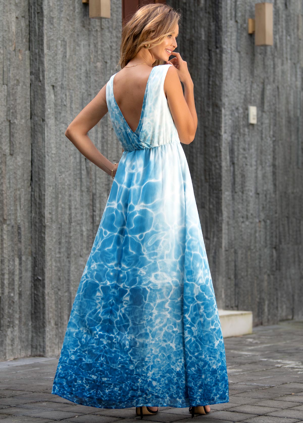 V Back Tie Dye Print Sleeveless Maxi Dress