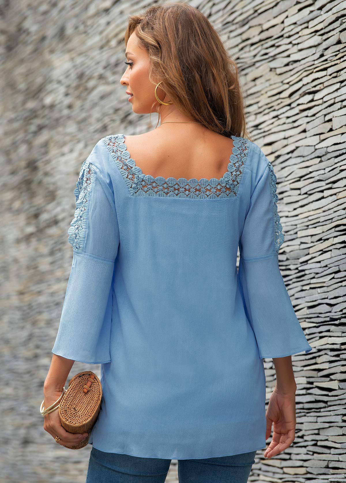 Crinkle Chest Lace Panel Square Neck Blouse
