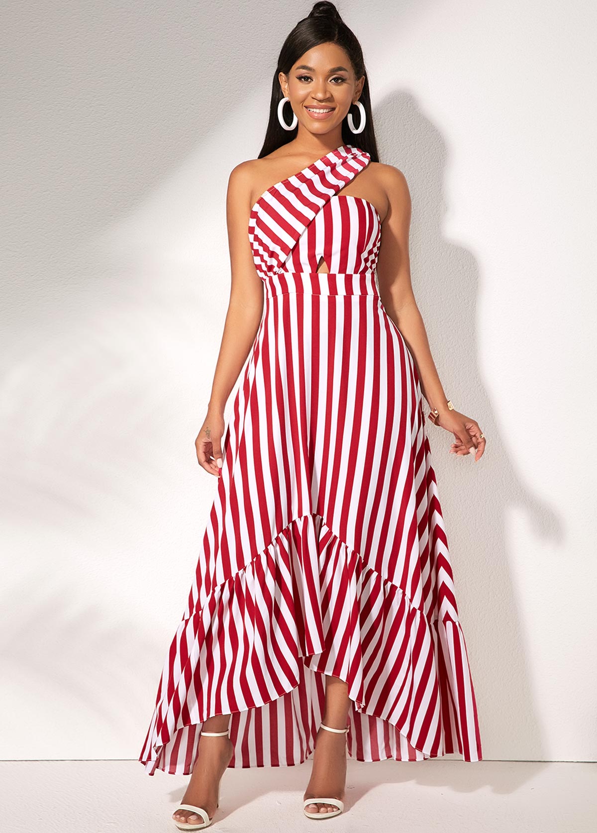 Sleeveless One Shoulder Striped Maxi Dress