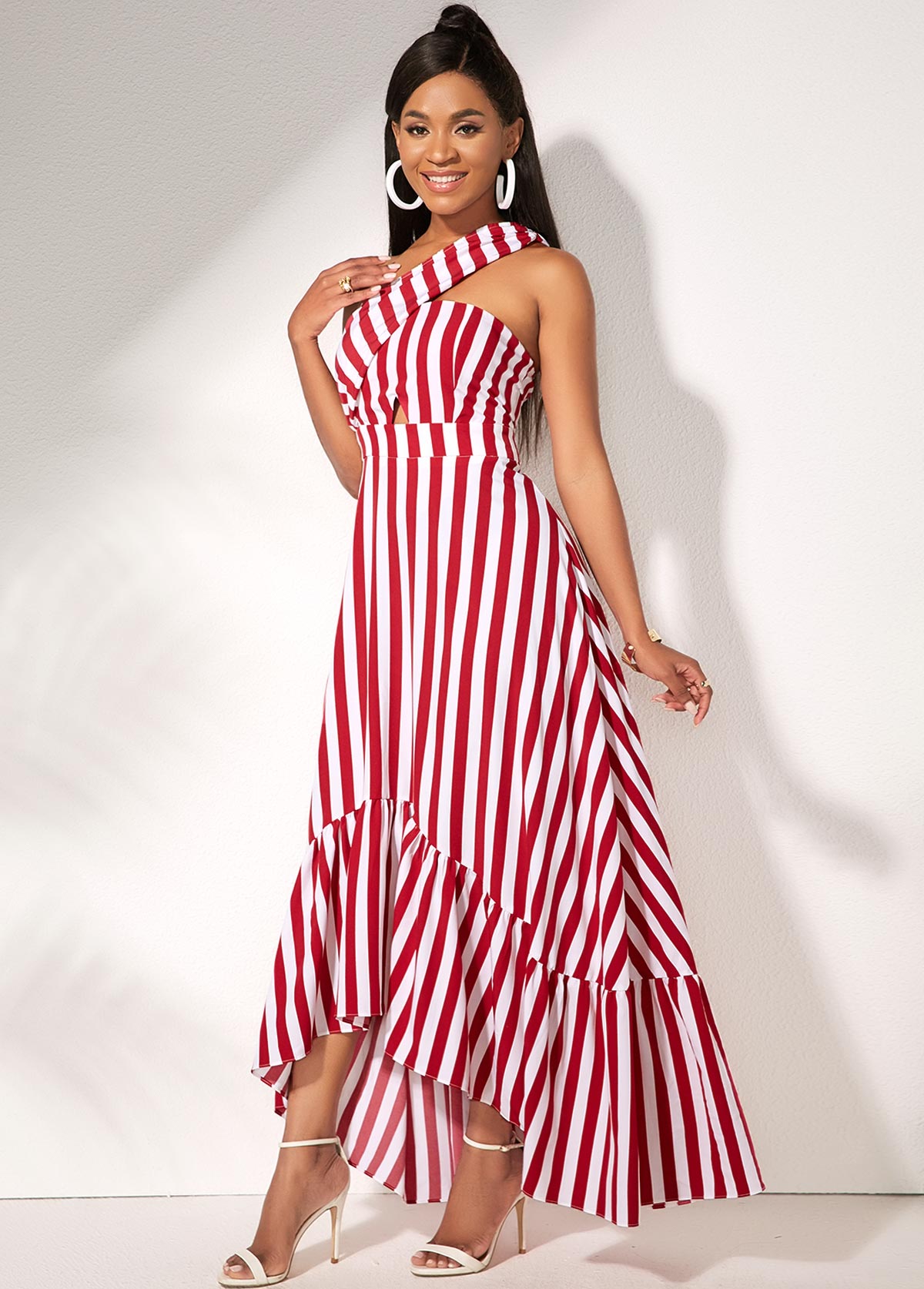 Sleeveless One Shoulder Striped Maxi Dress
