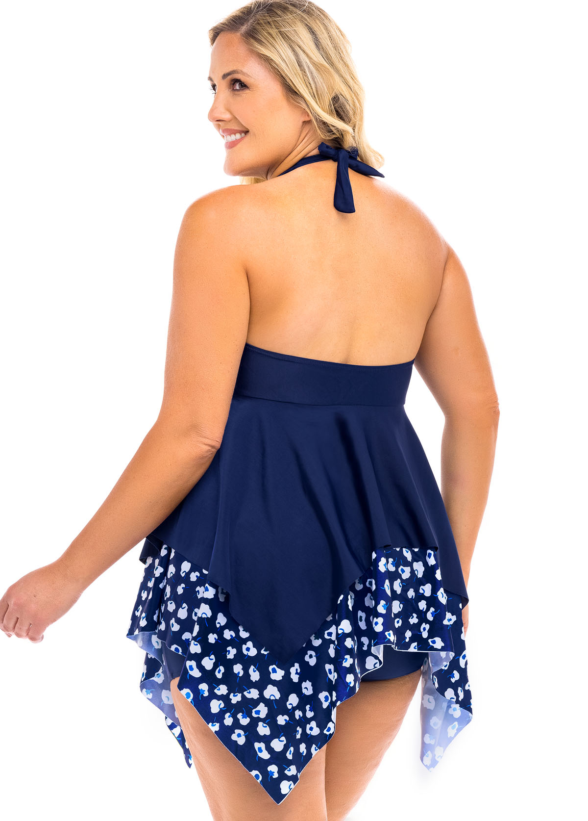 Asymmetric Hem Plus Size Printed Swimdress and Panty