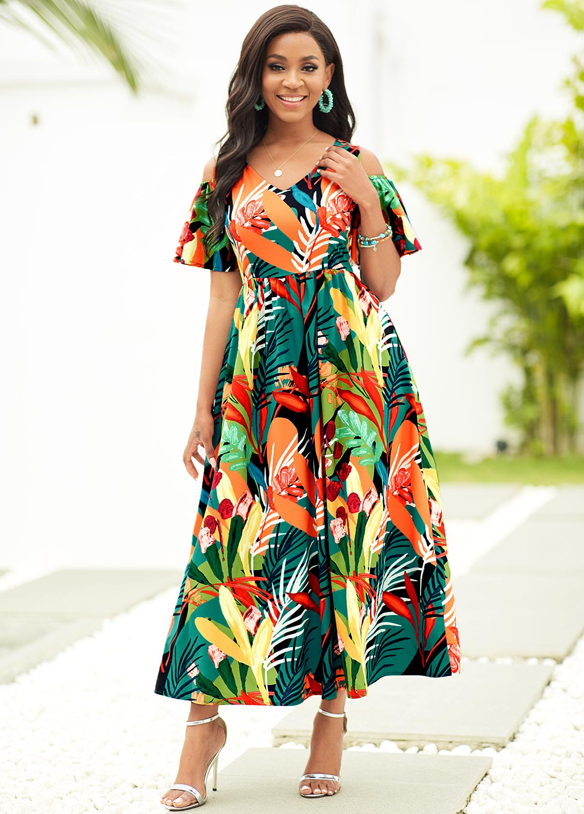 V Neck Tropical Print Cold Shoulder Dress
