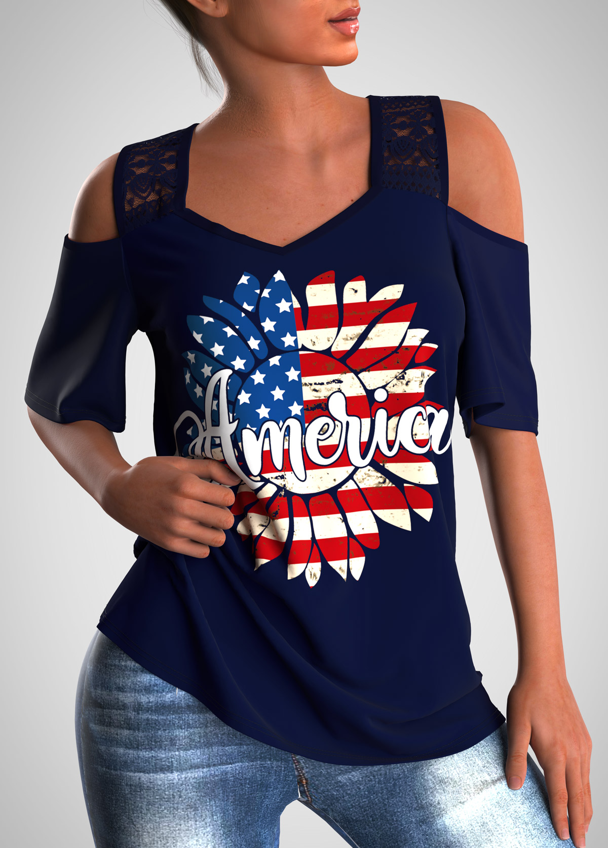 Cold Shoulder American Flag Print Lace Stitching T Shirt